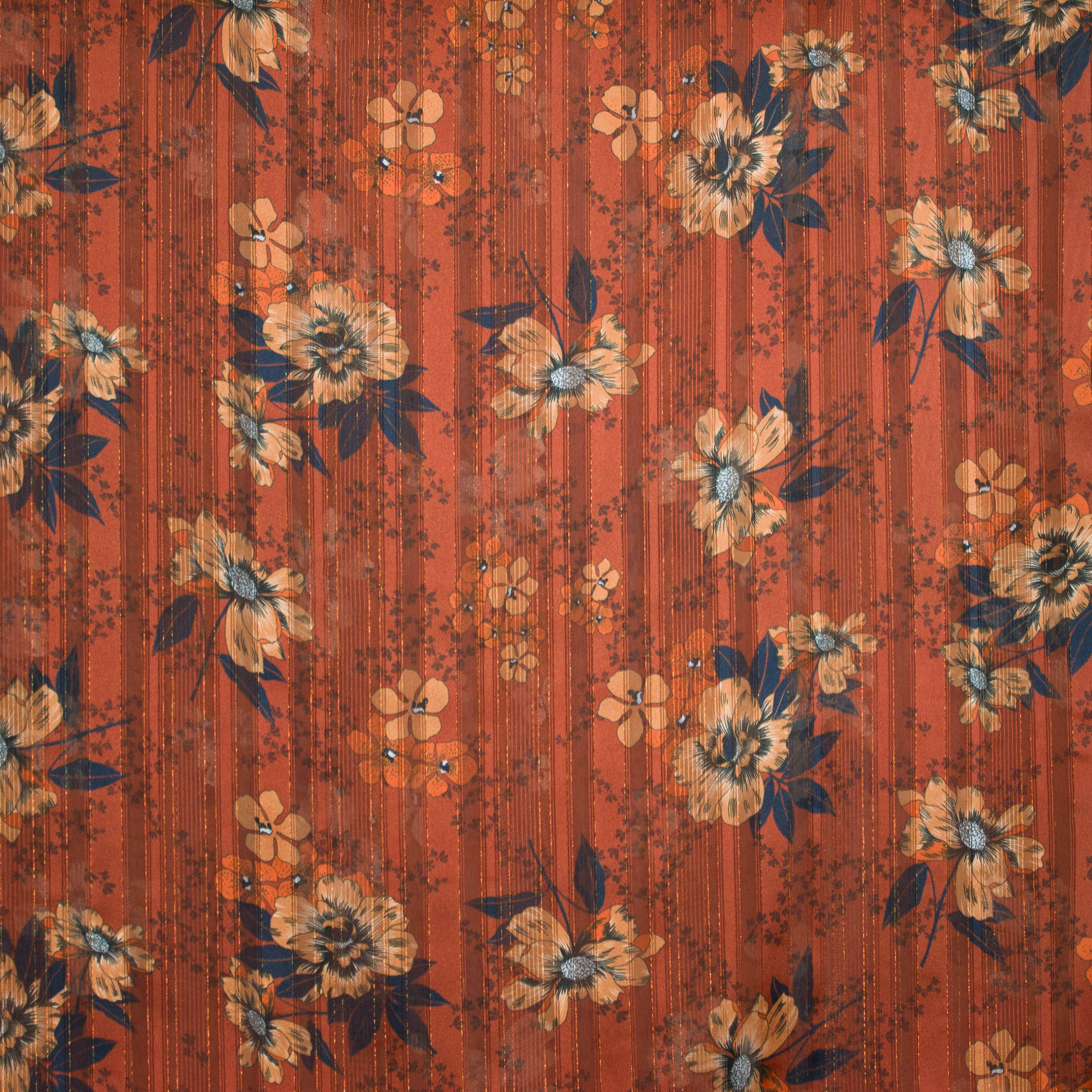 Voile bruin met bloemen en strepen met blinkend draadje